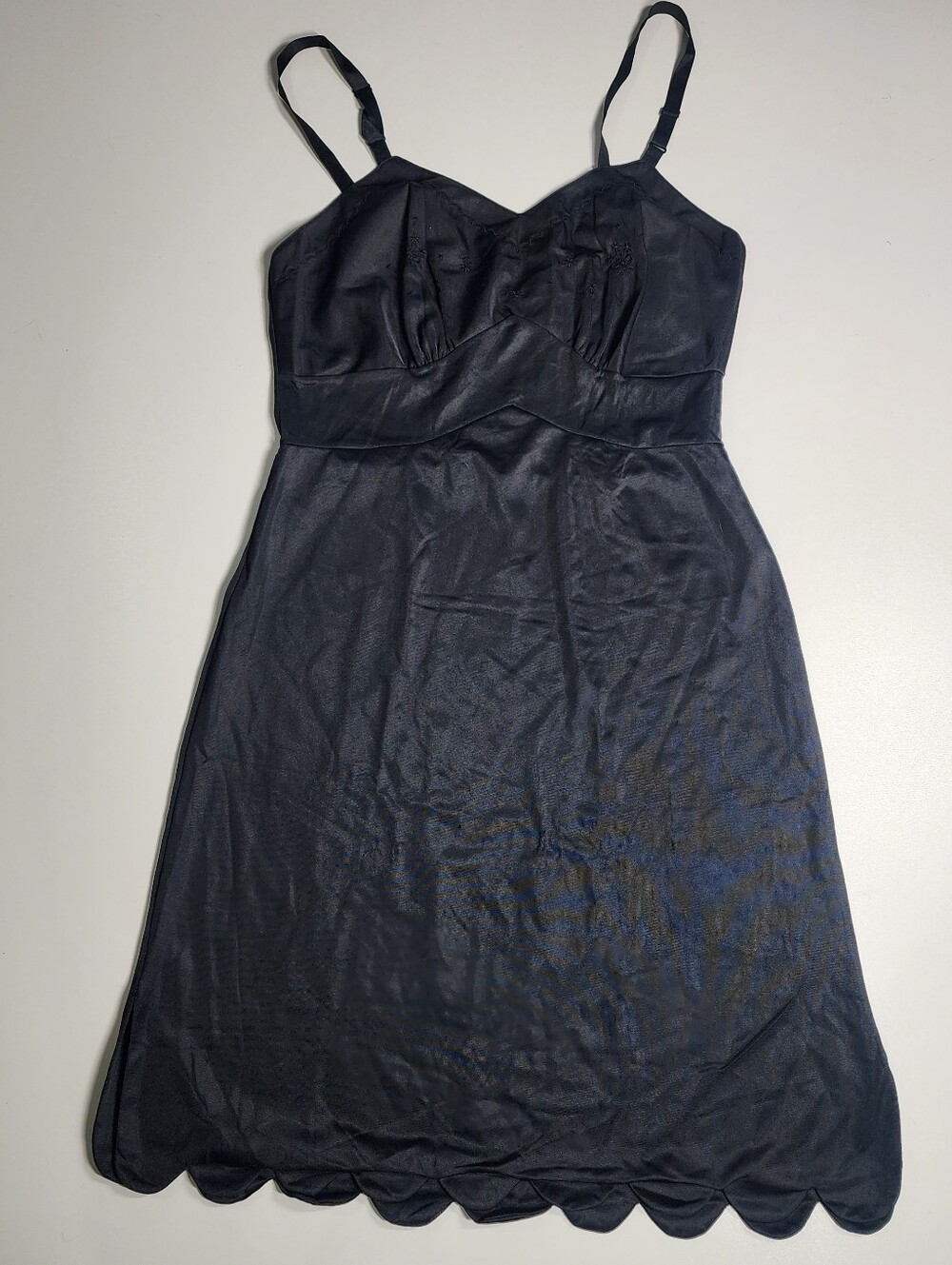Vtg Aristocraft Black Slip Dress Size 34 Short Nylon Embroidered Scalloped Hem